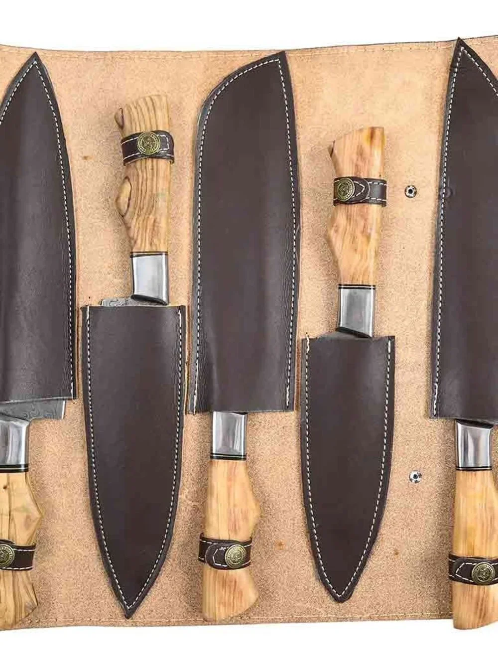 Damascus Kitchen Knife Set 5PC Olive Wood & Brass Handle Chef Knives